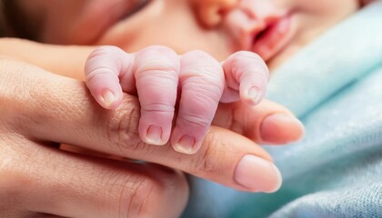  Newborn baby grasping her mother's finger. Concept of child care, feeling safe, parent love.