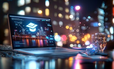 An E-Learning background with blurred city lights