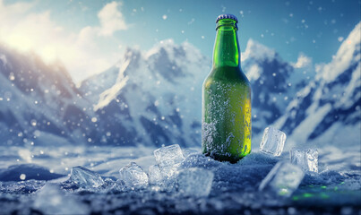 One green beer bottle on ice, snowy mountains background with copy space