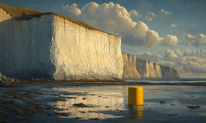 Chalk cliffs of the Alabaster Coast in the evening light, in front a yellow buoy on the beach at low tide