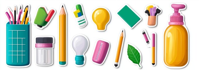 This is a set of school supplies. Modern flat illustrations in a hand drawn style. Back to school.