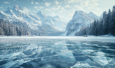 Empty ice surface, frozen mountain lake, winter mountains landscape with copy space