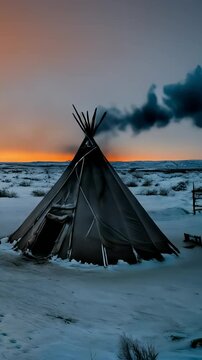 Winter camp of Koryak people in remote Arctic tundra. Teepees, snowy landscape, and traditional reindeer herding reflect spirit of nomadic life, deeply rooted in northern culture. Vertical video
