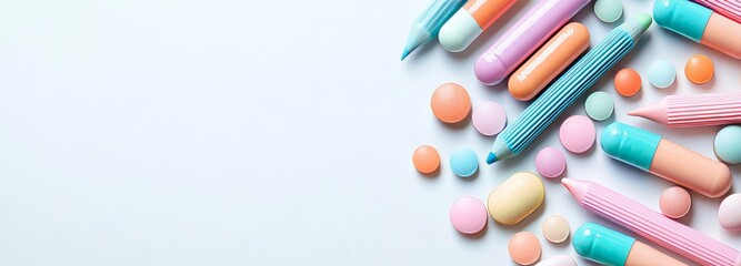 Back to school concept with a double border school supplies banner. Top view on a white background.