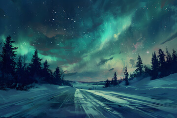 Fototapeta premium Northern lights over snowy road. High quality photo
