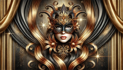 Fototapeta premium Portrait of an elegant and sophisticated figure in a masquerade ball setting, wearing a delicate mask with mysterious dark ornamentation.