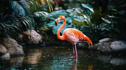 Fototapeta premium Elegant flamingo standing gracefully in shallow water