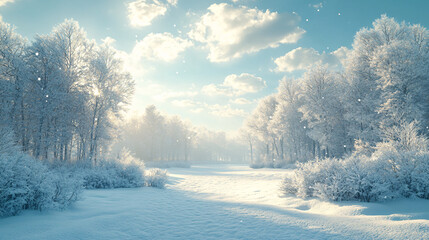 Snow-covered winter landscape with serene atmosphere, perfect for holiday and Christmas-themed designs.