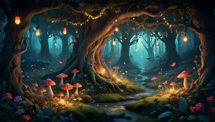 Magic forest with fantasy glowing fireflies and plants - flowers, mushrooms and berries. Cartoon, Dragons, animals,birds 