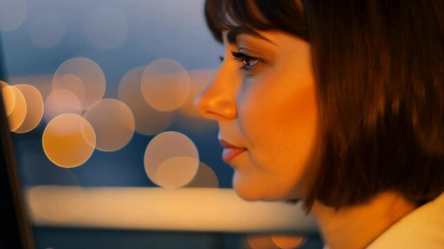 Focused woman attentively works on laptopp computer closeup, her profile illuminated by glow of screen. city skyline blurred in background creates serene dusk atmosphere.