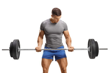 Muscular young man in sportswear lifting weights