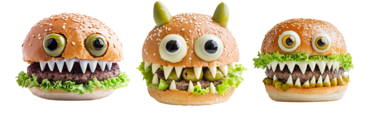 A creative burger designed to look like a monster face, with olives for eyes and cheese for teeth isolated on white background. Fun food concept for Halloween