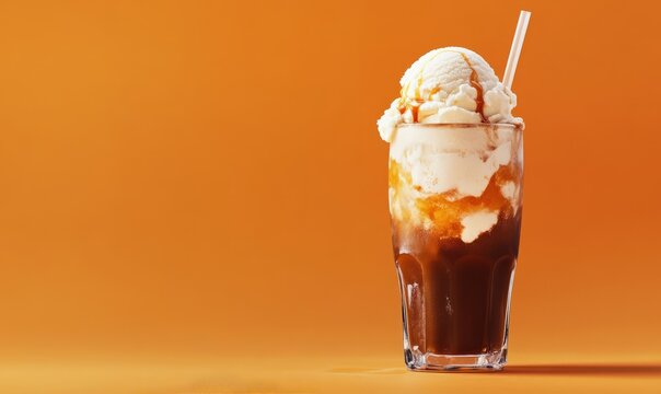 Cold root beer float with vanilla ice cream on an orange background