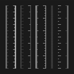 Vertical measurement scales with divisions. Realistic scale for measuring length or height in centimeters, millimeters or inches. Ruler, tape measure marks, size indicators. Vector illustration