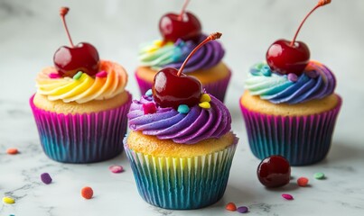 Colorful rainbow cupcakes with cherry toppings perfect for a vibrant party celebration