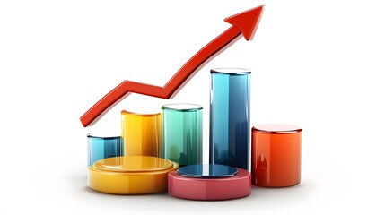 
lying composition 3d icon, UI icon, a chart icon, bar chart has a rising arrow on it, bar chart, pie chart, a rising arrow, frosted glass, transparent, white background, transparent technology sense