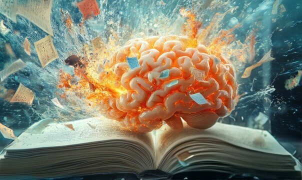 Concept art of a human brain exploding with knowledge and creativity