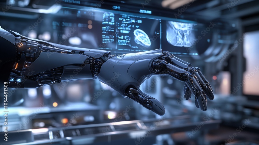 Poster A detailed robotic hand extends in a high-tech lab filled with advanced technology and holographic displays, highlighting the fusion of robotics and innovation.