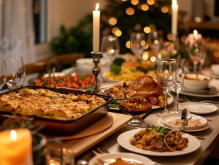 Fototapeta premium Thanksgiving day table is set with a variety of food and drinks, including a large casserole