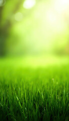 Fototapeta premium Bright and natural green field background, showcasing fresh grass in a real outdoor setting. Ideal for nature themes, gardening, and environmental projects