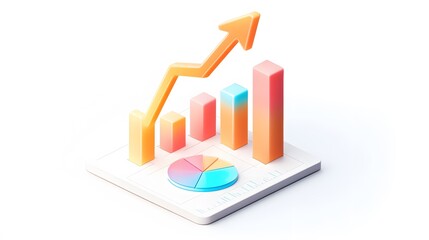 
lying composition 3d icon, UI icon, a chart icon, bar chart has a rising arrow on it, bar chart, pie chart, a rising arrow, frosted glass, transparent, white background, transparent technology sense