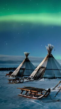 Northern lights over Nenets settlement in tundra. Scene reflects indigenous culture, traditional reindeer herding, daily life in harsh Arctic conditions, and nomadic resilience. Vertical video