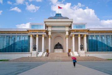 Ulaanbaatar, Mongolia - August 5, 2024 - Scene of The Government Palace, also known as the State...