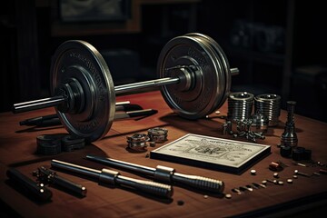 Weights and lifting accessories are meticulously arranged on a wooden table showcasing the tools used for strength training in a gym setting