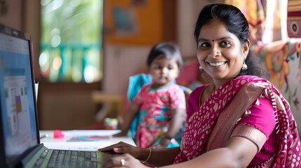Obraz premium Indian Woman Balancing Work and Motherhood in Home Office