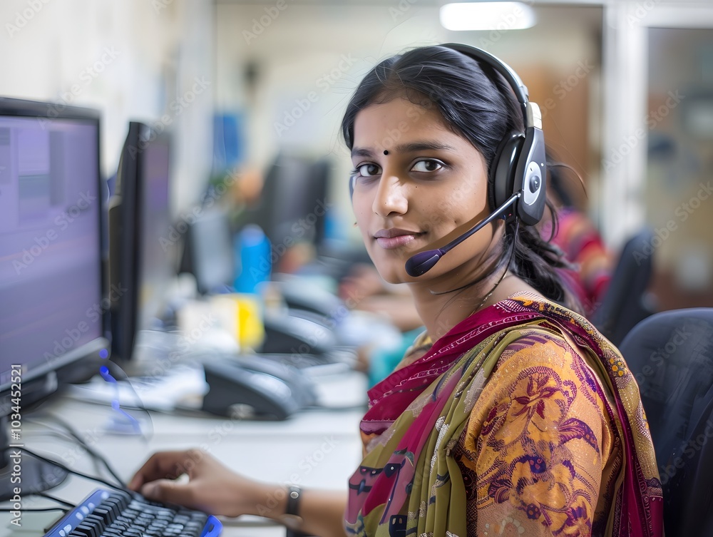 Wall mural indian women working at a call center in india