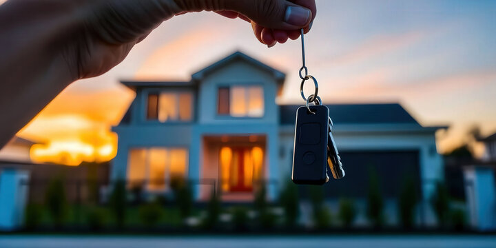 A close-up of a hand holding keys to a new house against a beautifully blurred background, symbolizing new beginnings and home ownership. Ideal for real estate and moving themes