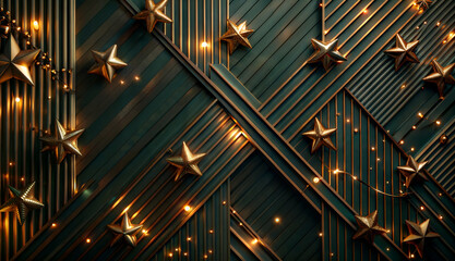 Fototapeta premium dark green new year background with golden stars and garlands, Christmas, New Year