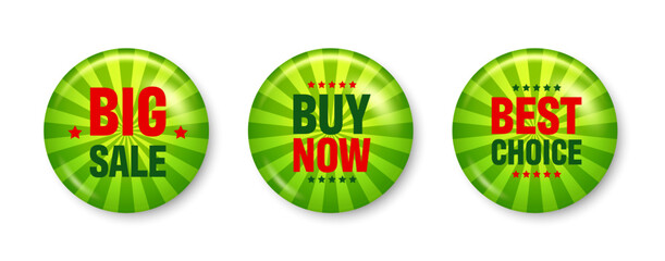 Realistic funky badges with text. Product promotion, sale. Special offer. Glossy round button. Pin badge mockup. Vector illustration