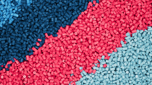 Closeup top view on piles of colorful mix plastic polypropylene granules, masterbatch polymer grain rows. HDPE or PVC resin pellets. 3d render illustration