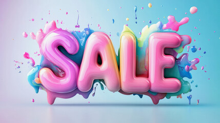 Colorful sale announcement featuring vibrant text and playful splashes against a soft gradient background
