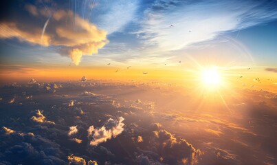 Detailed medical illustration showing how tropospheric interactions affect health and climate over Earth during sunrise