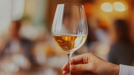A hand elegantly holds a glass of white wine in a softly lit setting, AI