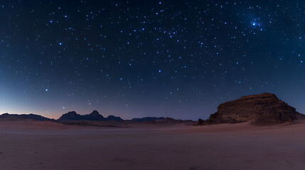 Starlit desert landscape under a vast night sky in Wadi Rum, showcasing distant mountains