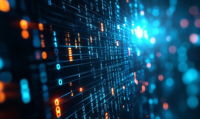 Obraz premium Digital space abstract background, dark cyberspace with data blocks and blue bright light. Concept of tech, texture, network, energy, secure technology