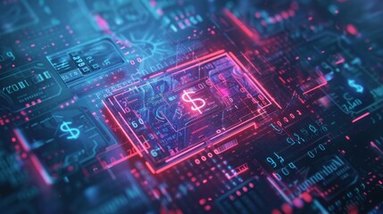 Obraz premium A digital wallet icon surrounded by glowing, futuristic currency symbols, floating against a sleek