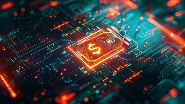 A digital wallet icon surrounded by glowing, futuristic currency symbols, floating against a sleek