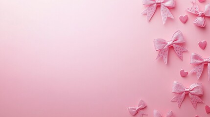 Fototapeta premium Pink bows and hearts on soft pastel background, symbolizing innocence and creativity in girlhood design