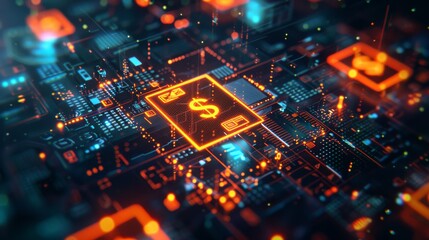 A digital wallet icon surrounded by glowing, futuristic currency symbols, floating against a sleek