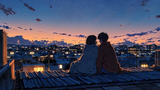 Romantic Evening on a Rooftop Overlooking the City

