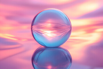 A mesmerizing orb reflecting soft hues of pink and blue, surrounded by a tranquil, wavy background, creating a soothing, dreamlike atmosphere.