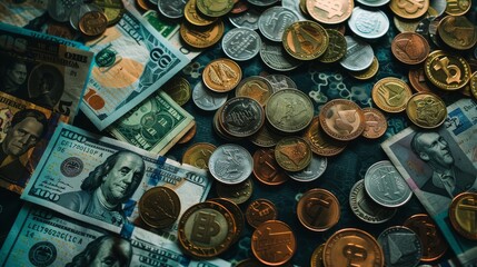 A top-down view of various global currencies spread out