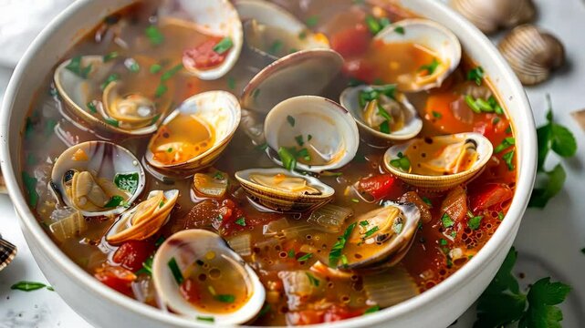A steaming bowl of clam chowder, filled with fresh clams, tomatoes, and herbs