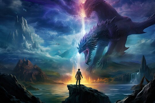 An adventurer gazes up at a massive dragon amid a mystical atmosphere filled with vibrant colors and lightning representing a thrilling gaming adventure