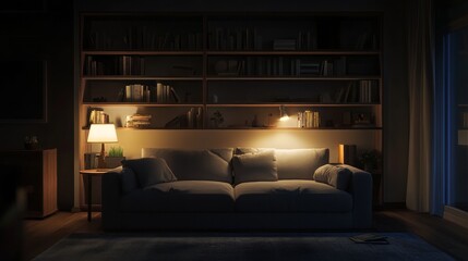 Dark living room interior with a couch, bookcases, and bright lamps