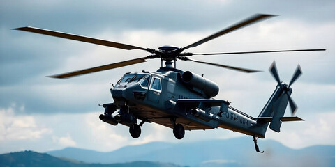 Fototapeta premium A dramatic image of a helicopter gunship in flight, showcasing its agility and firepower. Perfect for military themes, aviation enthusiasts, and defense technology discussions